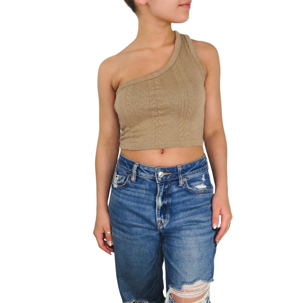 Shein Mocha Brown Cable Knit One Shoulder Top Crop Top